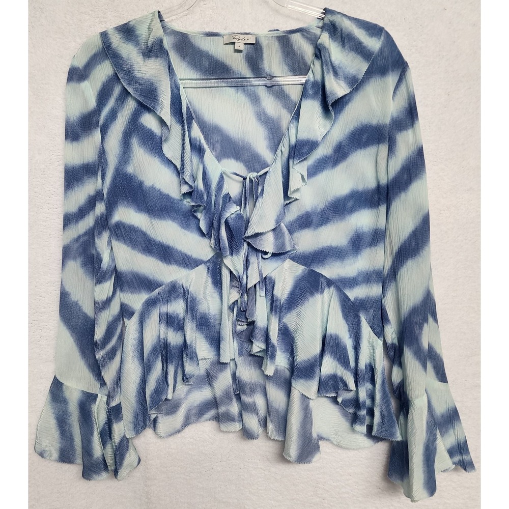 Rails Nicoletta Blue Watercolor Striped Top Women's S Ruffles Bell Sleeve Retro